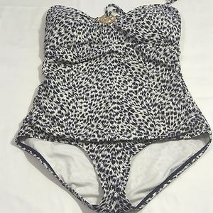 Michael Kors Black Leopard Print Logo Bandeau One Piece Swimsuit